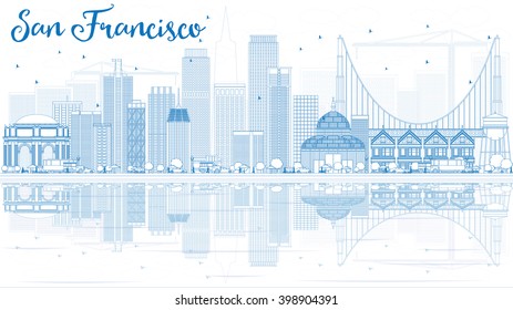 Outline San Francisco Skyline with Blue Buildings and Reflection. Vector Illustration. Business Travel and Tourism Concept with Modern Buildings. Image for Presentation Banner Placard and Web Site.