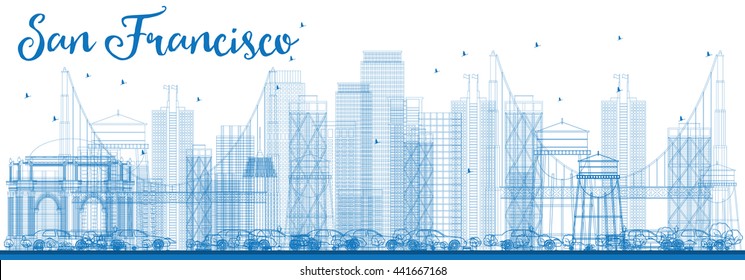 Outline San Francisco Skyline with Blue Buildings. Vector Illustration. Business Travel and Tourism Concept with Modern Buildings. Image for Presentation Banner Placard and Web Site.