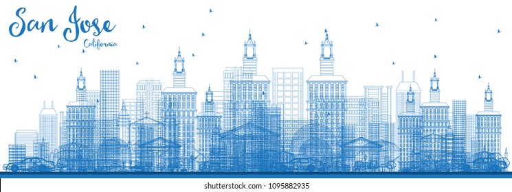 Esquema del Skyline de San José California con edificios azules. Ilustración vectorial. Concepto de viajes de negocios y turismo con arquitectura moderna. Paisaje urbano de San José con monumentos.