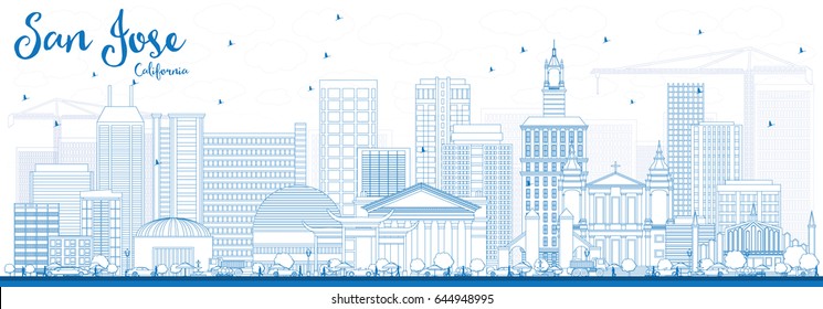 Outline San Jose California Skyline with Blue Buildings. Vector Illustration. Business Travel and Tourism Concept with Modern Architecture. Image for Presentation Banner Placard and Web Site.