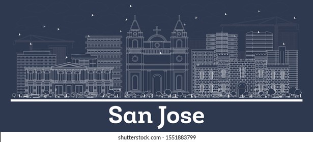 Esquema de la ciudad de San José Costa Rica con Edificios Blancos. Ilustración vectorial. Viajes de negocios y concepto con arquitectura histórica. Paisaje urbano de San José con monumentos.