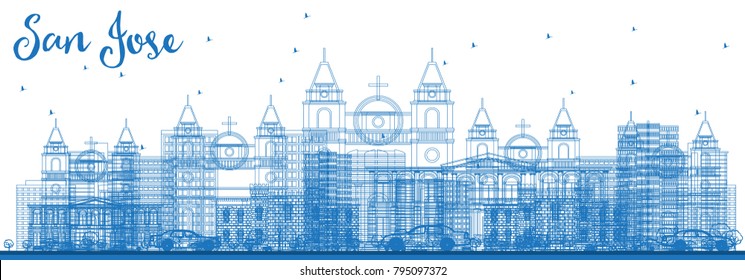 Esquema del Skyline de San José Costa Rica con edificios azules. Ilustración vectorial. Concepto de viajes de negocios y turismo con arquitectura moderna. Paisaje urbano de San José con monumentos.