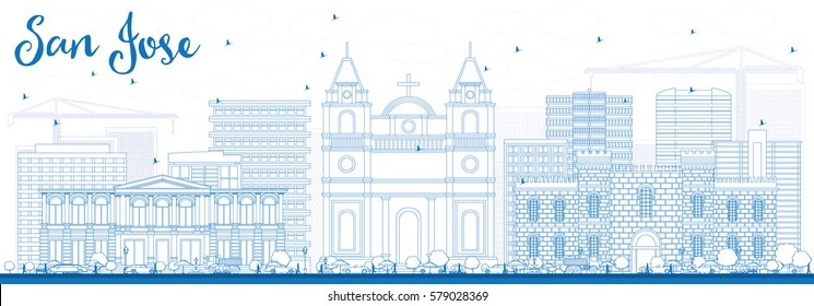 Esbozar el horizonte de San José con edificios azules. Ilustración vectorial. Concepto de viajes de negocios y turismo con arquitectura moderna. Imagen para Presentación Placard Banner y Sitio Web.