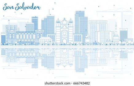 Outline San Salvador Skyline with Blue Buildings and Reflections. Vector Illustration. Business Travel and Tourism Concept with Modern Architecture. Image for Presentation Banner Placard and Web Site.