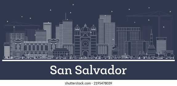 Esbozar el horizonte de San Salvador con edificios blancos. Ilustración vectorial. Concepto de viajes de negocios y turismo con arquitectura moderna. Imagen para Presentación Placard Banner y Sitio Web.