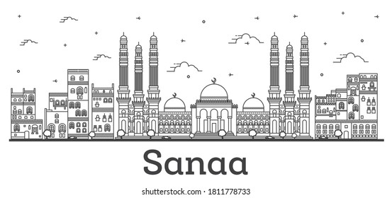 Outline Sanaa Yemen City Skyline with Historic Buildings Isolated on White. Vector illustration. Sanaa Cityscape with Landmarks.