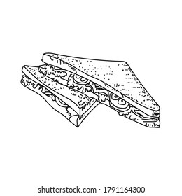 Outline sandwich, black line sketch, sandwich with salad and vegetables, vector hand draw illustration for design and creativity
