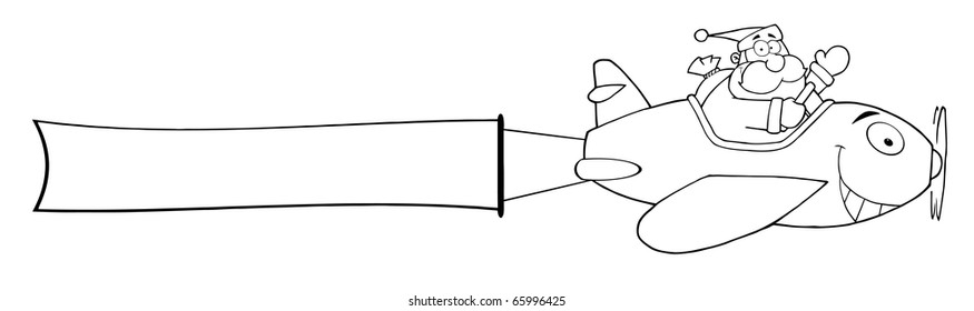 Outline Santa Claus Flying With Christmas Plane And A Blank Banner Attached