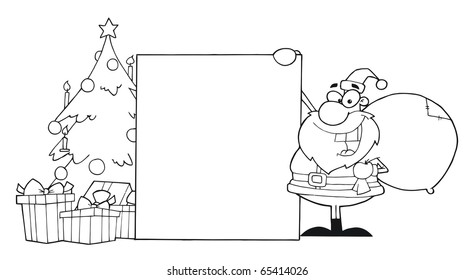 Outline Santa Claus Presenting A Blank Sign With Christmas Tree