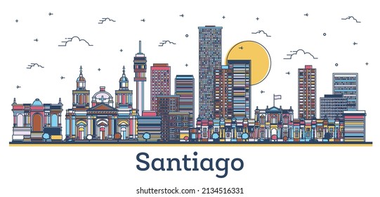 Outline Santiago Chile City Skyline with Colored Modern and Historic Buildings Isolated on White. Vector Illustration. Santiago Cityscape with Landmarks.