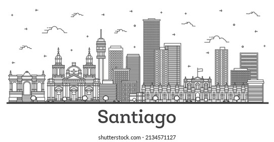 Outline Santiago Chile City Skyline with Modern and Historic Buildings Isolated on White. Vector Illustration. Santiago Cityscape with Landmarks.