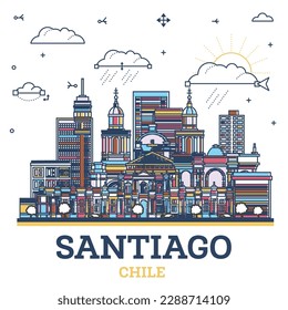 Outline Santiago Chile City Skyline with Colored Modern and Historic Buildings Isolated on White. Vector Illustration. Santiago Cityscape with Landmarks.