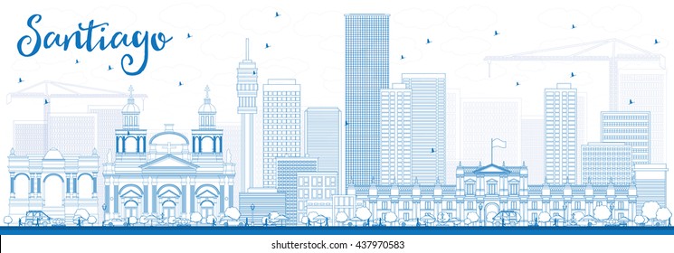 Outline Santiago Chile Skyline with Blue Buildings. Vector Illustration. Business Travel and Tourism Concept with Modern Buildings. Image for Presentation Banner Placard and Web Site.