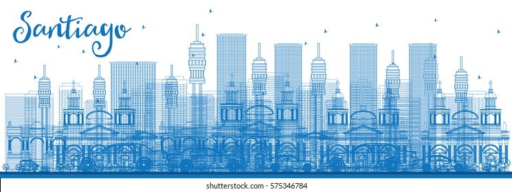 Contorno do horizonte de Santiago Chile com edifícios azuis. Ilustração de vetor. Business Travel and Tourism Concept com edifícios modernos. Imagem para Placard de banner de apresentação e site da Web.