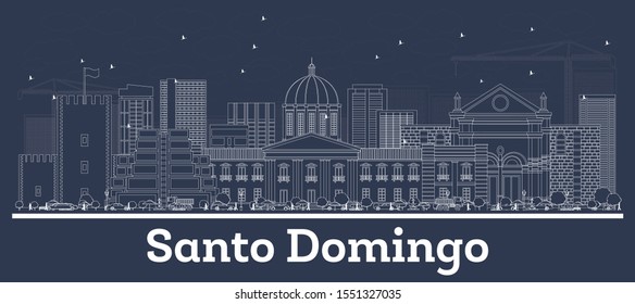 Outline Santo Domingo Dominican Republic City Skyline with White Buildings. Vector Illustration. Business Travel and Concept with Historic Architecture. Santo Domingo Cityscape with Landmarks.