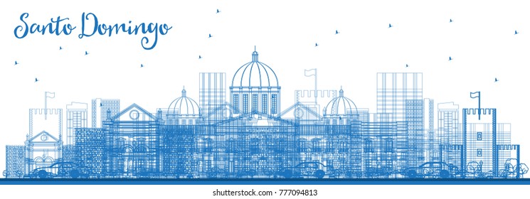 Outline Santo Domingo Dominican Republic City Skyline with Blue Buildings. Vector Illustration. Business Travel and Tourism Concept with Historic Architecture. Santo Domingo Cityscape with Landmarks.