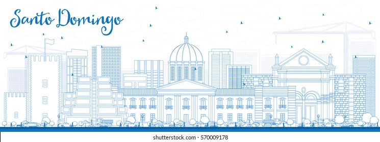 Outline Santo Domingo Skyline with Blue Buildings. Vector Illustration. Business Travel and Tourism Concept with Modern Architecture. Image for Presentation Banner Placard and Web Site.