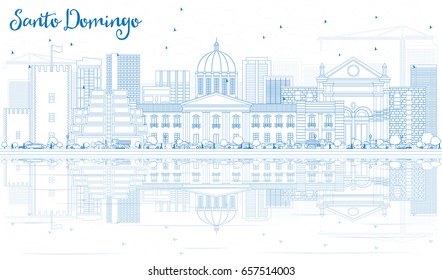 Outline Santo Domingo Skyline with Blue Buildings and Reflections. Vector Illustration. Business Travel and Tourism Concept with Modern Architecture. Image for Presentation Banner Placard and Web Site