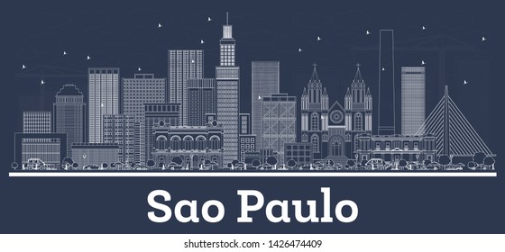 Outline Sao Paulo Brazil City Skyline with White Buildings. Vector Illustration. Business Travel and Tourism Concept with Historic Architecture. Sao Paulo Cityscape with Landmarks.