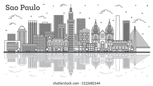 Outline Sao Paulo Brazil City Skyline with Modern Buildings and Reflections Isolated on White. Vector Illustration. Sao Paulo Cityscape with Landmarks.