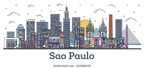 Outline Sao Paulo Brazil City Skyline with Colored Buildings Isolated on White. Vector Illustration. Sao Paulo Cityscape with Landmarks.