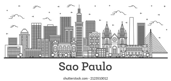 Outline Sao Paulo Brazil City Skyline with Modern Buildings Isolated on White. Vector Illustration. Sao Paulo Cityscape with Landmarks.