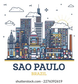 Outline Sao Paulo Brazil City Skyline with Modern Colored Buildings Isolated on White. Vector Illustration. Sao Paulo Cityscape with Landmarks.