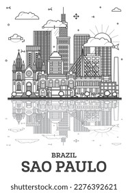 Outline Sao Paulo Brazil City Skyline with Modern Buildings and Reflections Isolated on White. Vector Illustration. Sao Paulo Cityscape with Landmarks.