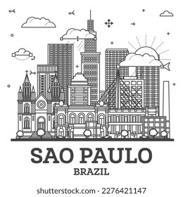 Outline Sao Paulo Brazil City Skyline with Modern Buildings Isolated on White. Vector Illustration. Sao Paulo Cityscape with Landmarks.