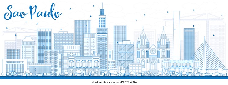 Esquema del Skyline de Sao Paulo con Edificios Azules. Ilustración vectorial. Concepto de viajes de negocios y turismo con edificios modernos. Imagen de Presentación Placard Banner y Sitio Web.