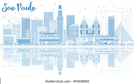 Esbozo de Sao Paulo con edificios azules y reflexiones. Ilustración vectorial. Concepto de viajes de negocios y turismo con edificios modernos. Imagen de Presentación Placard Banner y Sitio Web.