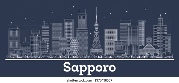 Outline Sapporo Japan City Skyline with White Buildings. Vector Illustration. Business Travel and Concept with Modern Architecture. Sapporo Cityscape with Landmarks.