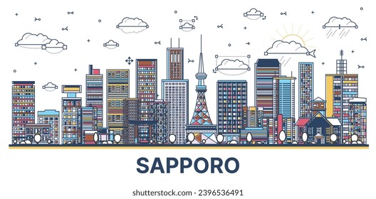Outline Sapporo Japan city skyline with colored modern and historic buildings isolated on white. Vector illustration. Sapporo cityscape with landmarks.