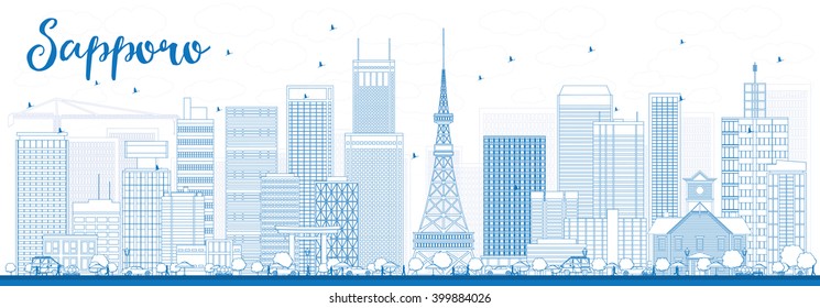 Esbozar el Skyline Sapporo con edificios azules. Ilustración vectorial. Concepto de negocios y turismo con edificios modernos. Imagen para Presentación, Banner, Placard o Sitio Web.