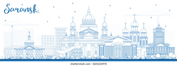 Outline Saransk Russia City Skyline with Blue Buildings. Vector Illustration. Business Travel and Tourism Concept with Modern Architecture. Saransk Cityscape with Landmarks.