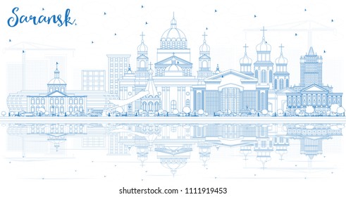 Esbozar el horizonte de la ciudad rusa de Saransk con edificios azules y reflexiones. Ilustración vectorial. Concepto de viajes de negocios y turismo con arquitectura moderna. Paisaje urbano de Saransk con monumentos.