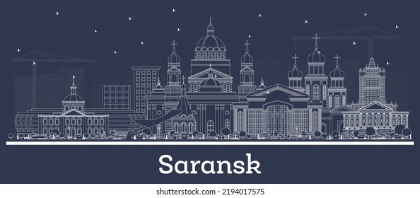 Esbozar el horizonte de la ciudad de Saransk en Rusia con edificios blancos. Ilustración vectorial. Concepto de viajes de negocios y turismo con arquitectura moderna. Paisaje urbano de Saransk con monumentos.