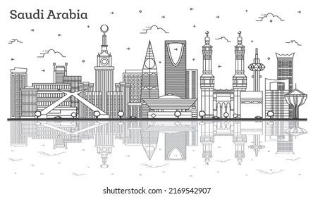 Outline Saudi Arabia City Skyline with Historic and Modern Buildings and Reflections Isolated on White. Vector Illustration. Saudi Arabia Cityscape with Landmarks.