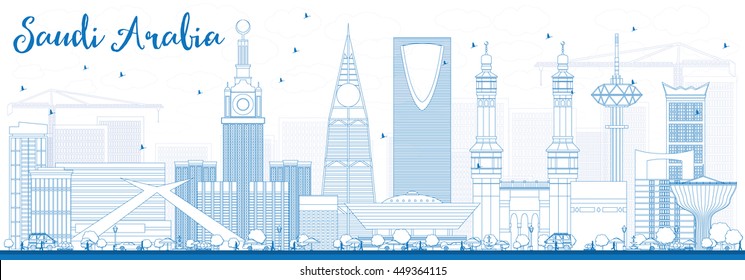 Outline Saudi Arabia Skyline with Blue Landmarks. Vector Illustration. Business Travel and Tourism Concept. Image for Presentation Banner Placard and Web Site.