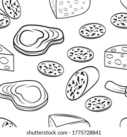 Outline sausage, steak and cheese seamless pattern isolated on white. Stencil food. Sketch vector stock illustration. EPS 10
