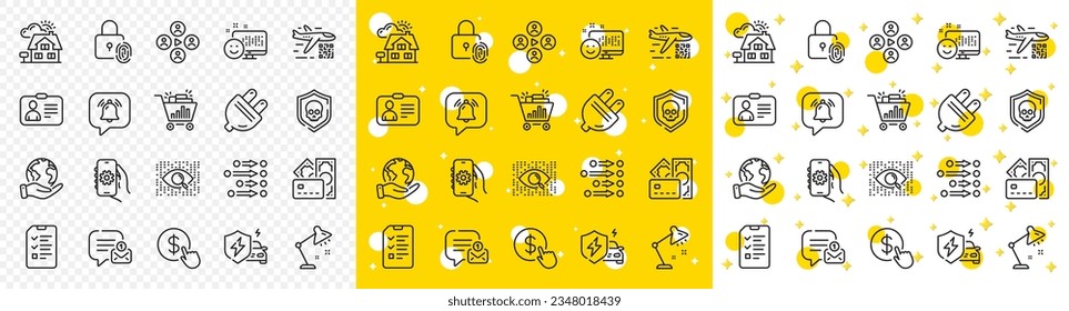 Outline Save planet, Qr code and Id card line icons pack for web with Cyber attack, Artificial intelligence, Smile line icon. App settings, Notification bubble, Order pictogram icon. Vector