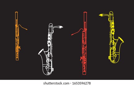 Outline saxophone and bassoon ensemble isolated on black background. Musical instruments for template or art school dictionary illustration