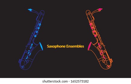 Outline saxophone ensemble isolated on black background. Musical instruments for template or art school dictionary illustration