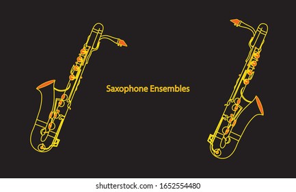 Outline saxophone ensembles isolated on black background. Musical instruments for template or art school dictionary illustration