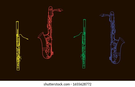 Outline saxophones and bassoons isolated on black background. Musical instruments for template or art school dictionary illustration