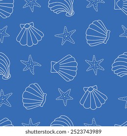 Outline Scallop Seashell Starfish Vector Seamless Pattern illustration for Print, Wallpaper, Decoration.