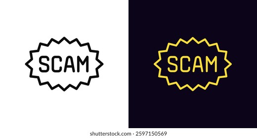 Outline scam alert icon, with editable stroke. Warning tag with text Scam, fraud caution label. Scam tag, suspicious data, fraud risk, cyber threat, deception danger, internet security. Vector icon