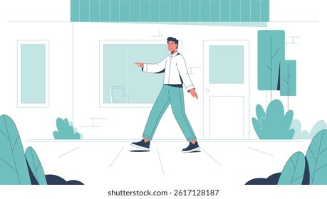 Outline scene for animation featuring a man walking on a road with residential houses in the background. Simple lines and minimal details.