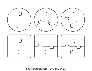 Esquema de esquema para el juego de pensamiento. 2, 3, 4, 5 pedazos círculo y plantillas cuadradas. Fondo de mosaico simple con detalles separados. Juego de rejillas de rompecabezas. Plantilla de corte. Ilustración vectorial.