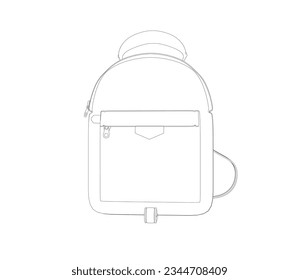 Esbozo de mochila escolar. Mochila blanca y negra. Bolsa de viaje con vista frontal. Ilustración vectorial. Educación y trabajo - Oferta escolar y de oficina - Mochila negra con correa aislada en fondo blanco